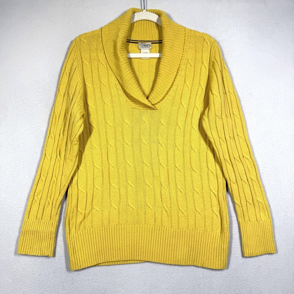LL Bean Sweater Womens Large Shawl Collar Lambswool Blend Cable Knit Pullover